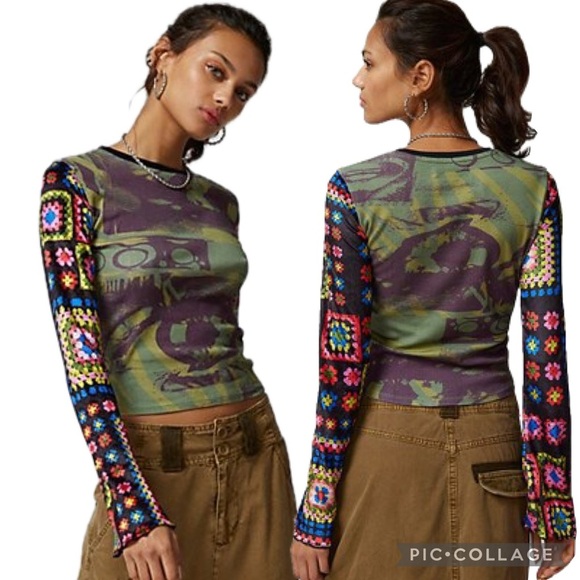 Urban Outfitters Suzie Spliced Printed Colorful Patchwork Long Sleeve Top Medium - Picture 13 of 14